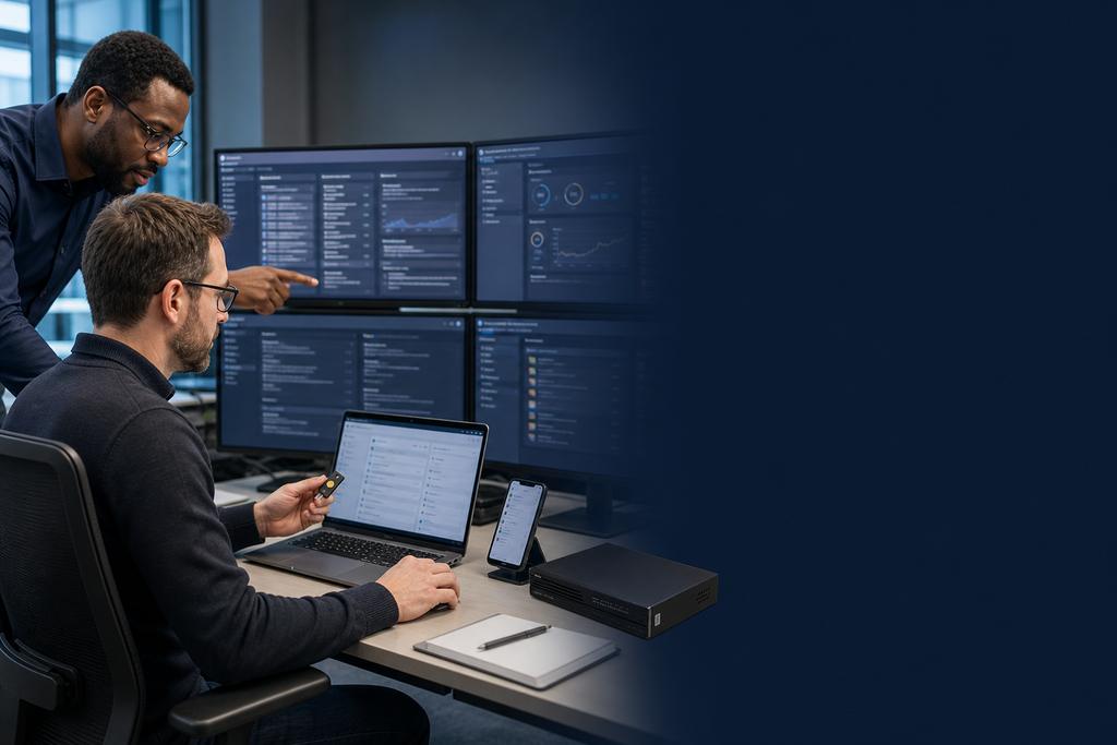 Illustratieve Microsoft 365-emailsecurityspecialisten die Defender-beleid, Safe Links, Safe Attachments, afzendernabootsing, quarantaine en gebruikersmelding testen