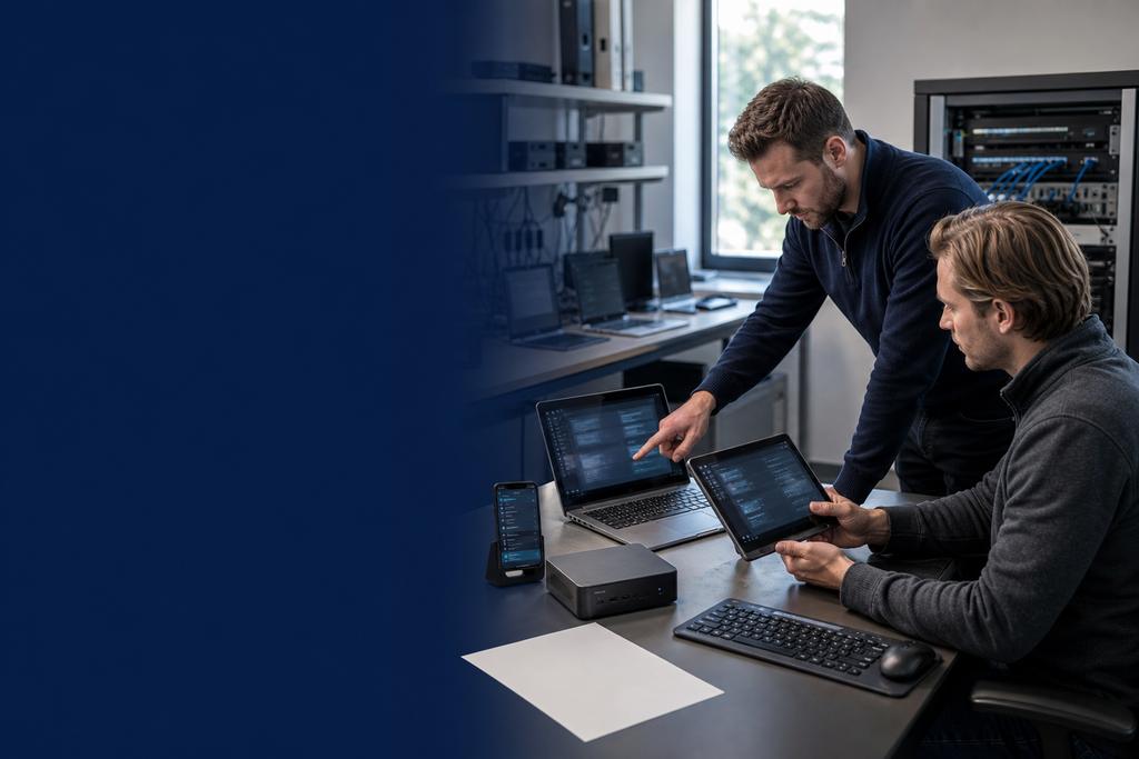 Illustratieve ICT-specialisten die de beveiliging en actuele status van zakelijke laptops en mobiele apparaten controleren