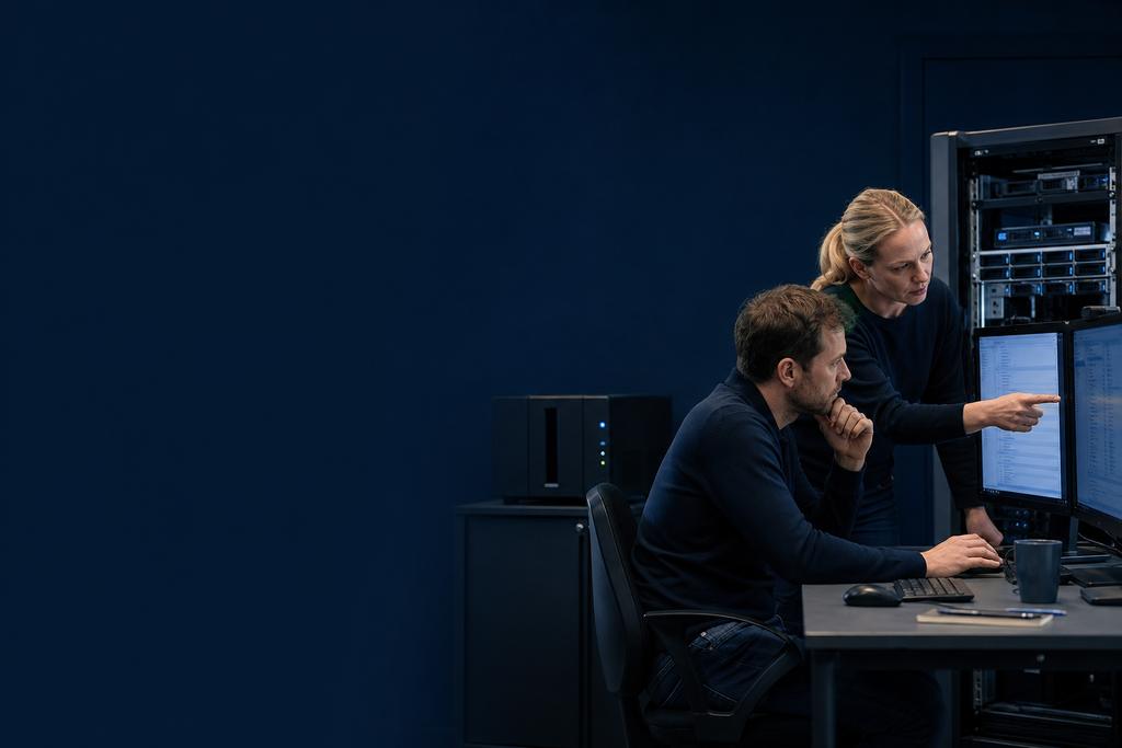 Illustratieve herstelengineer en gegevenseigenaar die fileserverback-up, gescheiden kopie, maprechten en bestandsrestore controleren