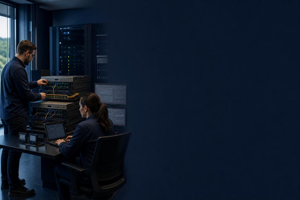 Illustratieve netwerk- en securityengineers die oude en nieuwe firewalls, dubbele WAN-paden, HA, sessies, failover en rollback testen