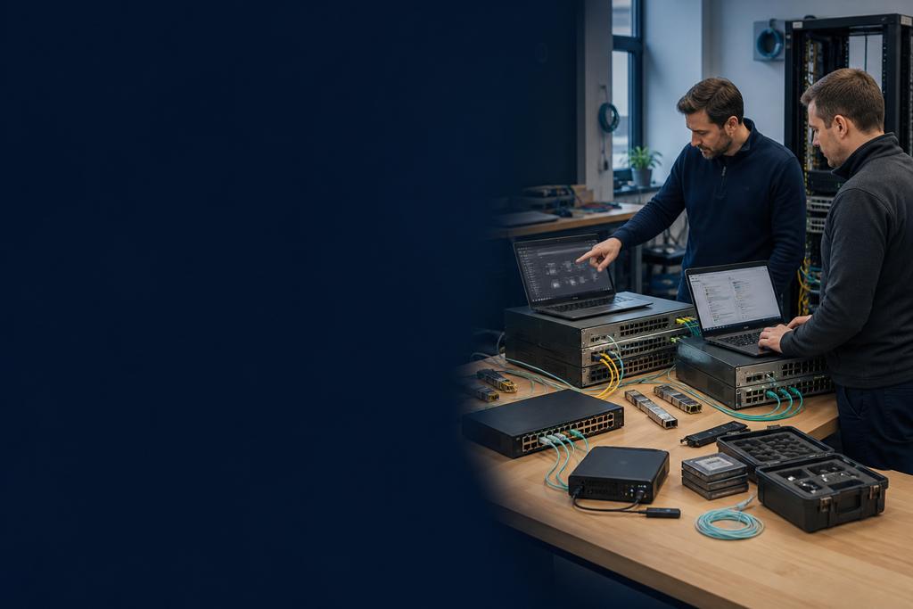 Illustratieve netwerk- en migratie-engineers die oude en nieuwe firewallhardware, interfaces, configuratie, optics en rollback in een testlab vergelijken