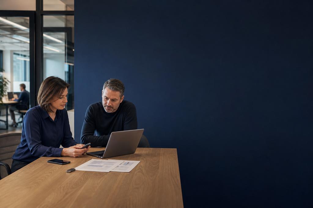 Illustratieve ICT-architect en technisch verantwoordelijke die kantoorwerkplek en begrensde onderhoudslaptop vergelijken