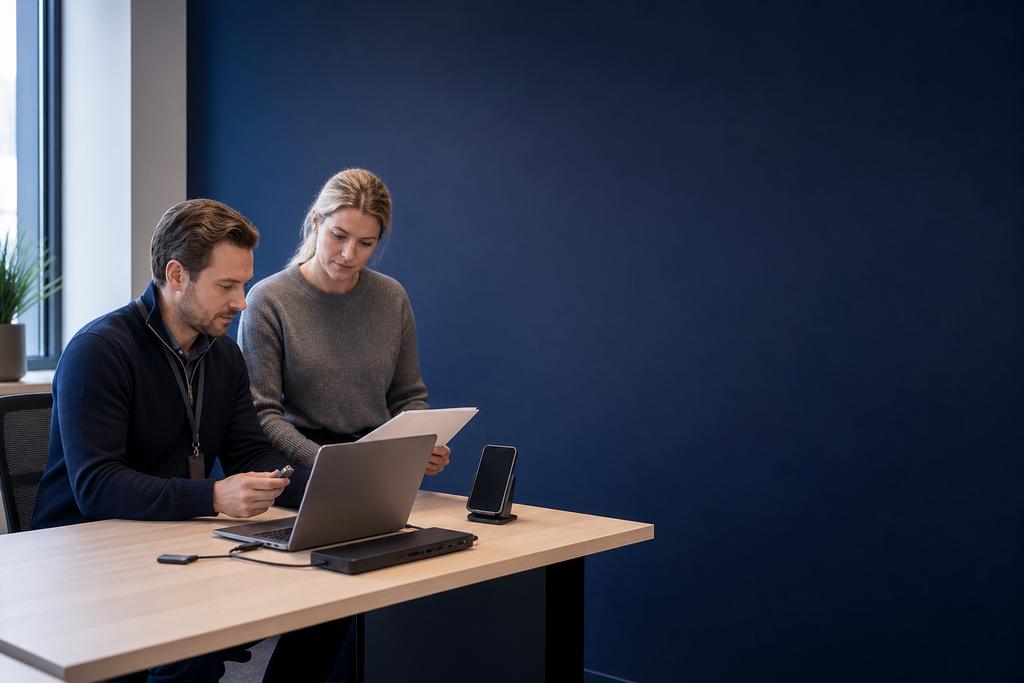 Illustratieve werkplekarchitect en medewerker die laptop, dock, scanner en verschillende centrale werkprofielen vergelijken