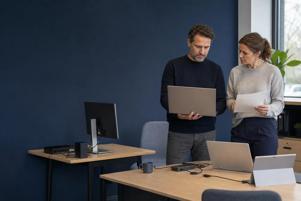 Illustratieve ICT-adviseur en proceseigenaar die verspreide accounts, apparaten, bestanden en toepassingen inventariseren
