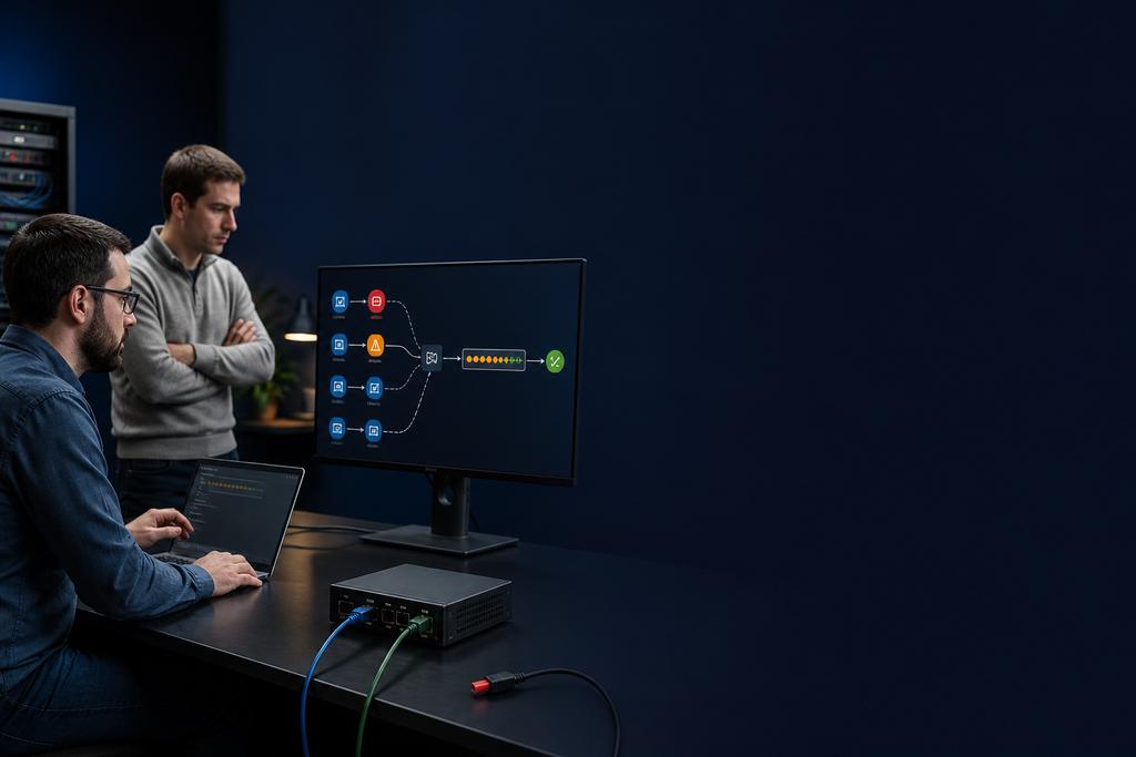 Illustratieve software-engineers die koppelingen en wachtrijen van high availability software tijdens een foutproef bewaken