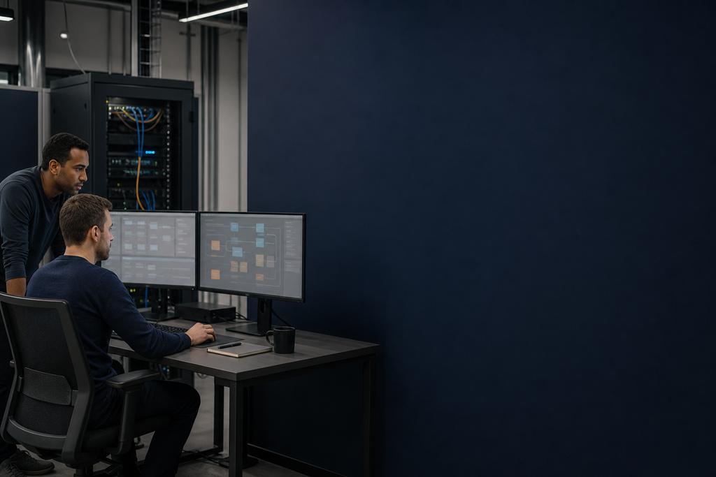 Illustratieve edge-engineer en productie-eigenaar die gateway, apparaatidentiteit, netwerkgrens, lokale buffer, cloudgegevens, uitval en herstel testen