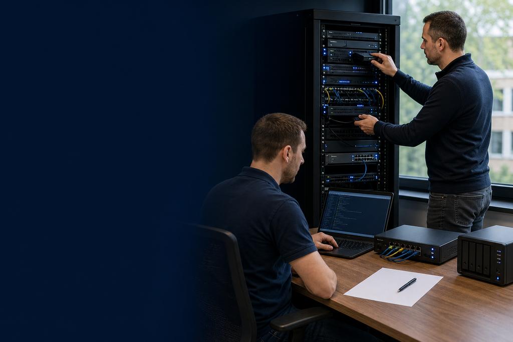 Illustratieve ICT-specialisten die een onbekende server, werkplek, firewall, cloudomgeving, logbron en back-up veilig controleren
