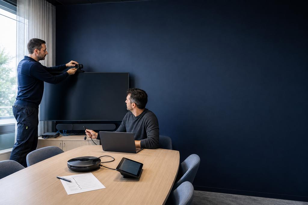 Illustratieve AV-technicus en operationeel ICT-eigenaar die display, ruimtecomputer en gescheiden netwerkroute in een zakelijke vergaderruimte aansluiten