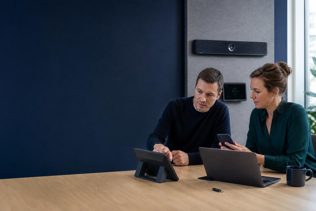 Illustratieve collaboration- en identityspecialisten die roomconsole, vergaderaccount, kalenderrechten en veilige toegang configureren