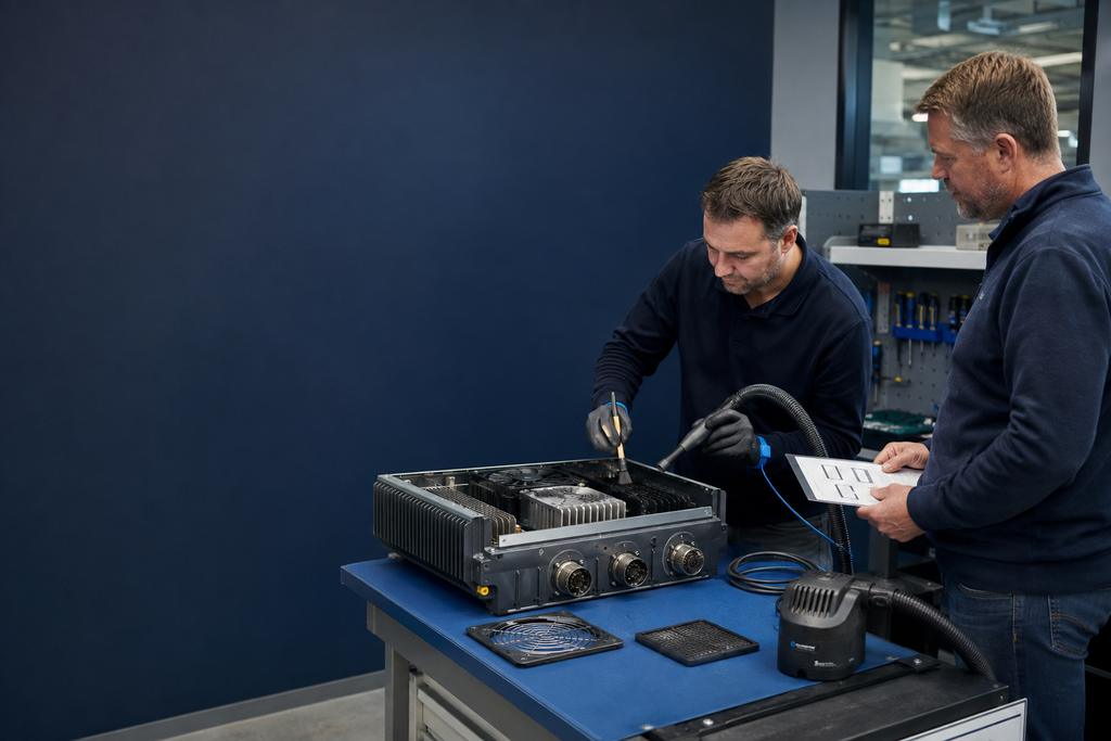 Illustratieve ICT-hardwarespecialist die een uitgeschakelde industriële pc antistatisch reinigt terwijl een operationsverantwoordelijke de inspectie volgt
