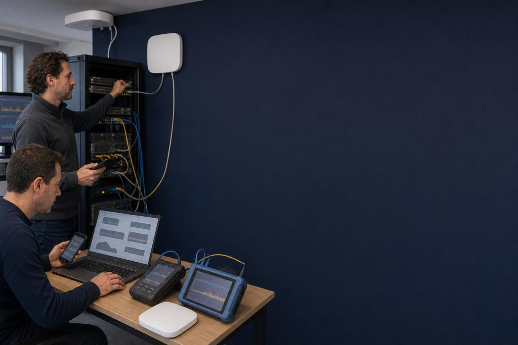 Illustratieve netwerkengineers die piekbelasting, wachtrijen, firewallcapaciteit en een trage kantoortaak tegelijk meten