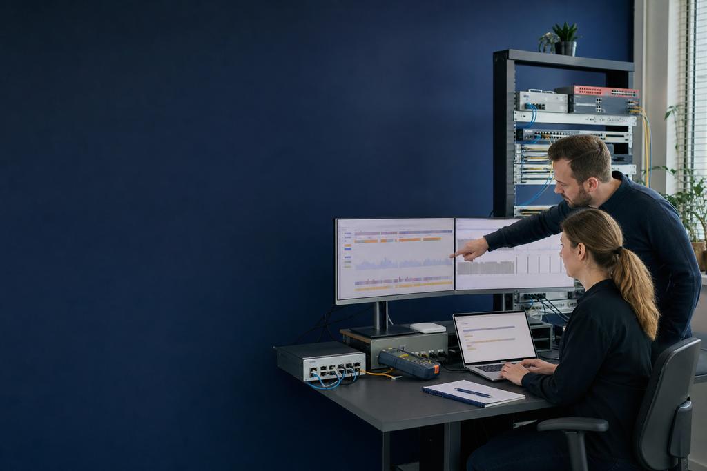 Illustratieve ICT-specialisten die een trage kantoortaak meten over werkplek, WiFi, firewall, internetlijn en clouddienst