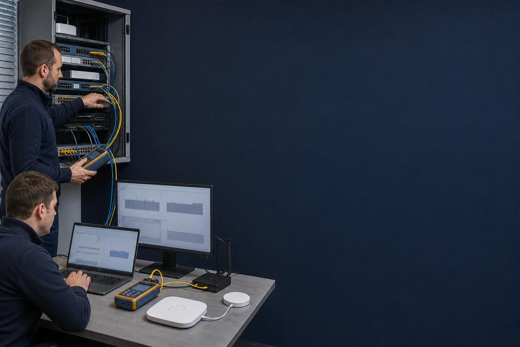 Illustratieve netwerkengineers die oude router, firewall, poorten, software en bedrijfsinternetroute onderzoeken