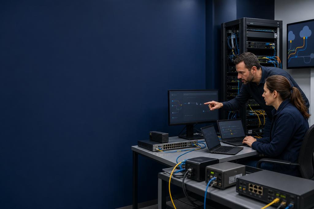 Illustratieve netwerk- en securityspecialisten die DNS, firewall, NAT, proxy en VPN-sessies onderzoeken