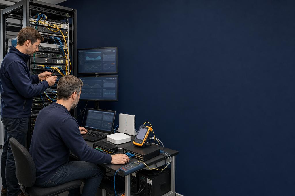 Bereikbaarheidsproblemen in beeld: netwerkspecialisten die internetlijn, router, dienstmeting, waarschuwing en gebruikersroute naast elkaar controleren