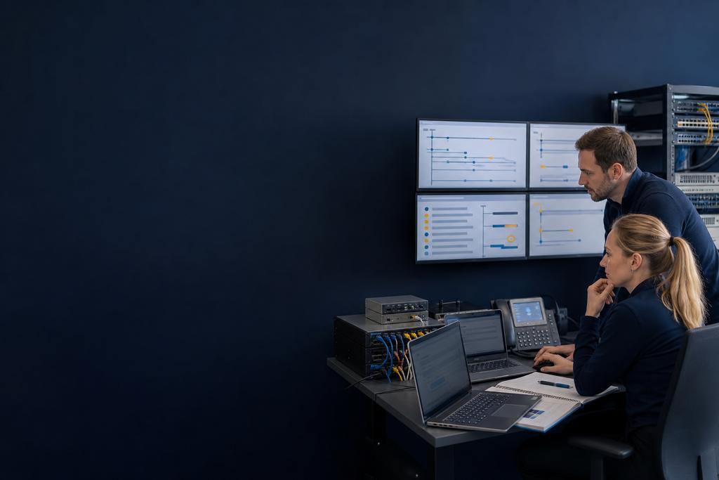 Illustratieve ICT-specialisten die router, firewall, zakelijke WiFi en providerverbinding tijdens internetuitval herstellen