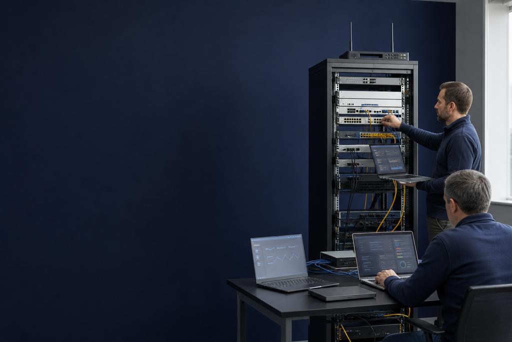 Illustratieve ICT-specialisten die een acute bedrijfsinternetstoring veilig afbakenen en herstellen