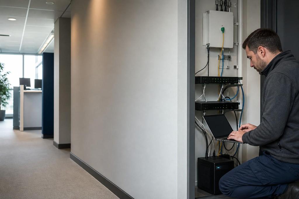Illustratieve netwerkengineer die voeding, glasvezel, router en netwerkdiensten in de juiste herstelvolgorde controleert