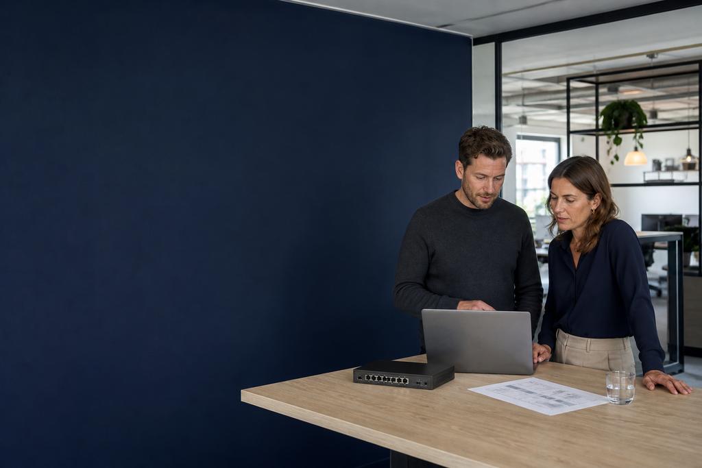 Illustratieve ICT-specialist en bedrijfsverantwoordelijke die taken, applicaties, gegevens en eigenaars ordenen voor een bedrijf zonder digitale structuur