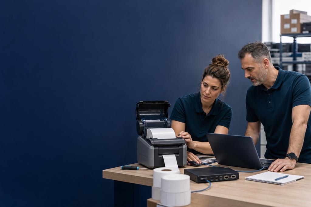 Illustratieve applicatiebeheerder en labelprinterspecialist die laptop, thermische printer, template en proeflabel samen configureren