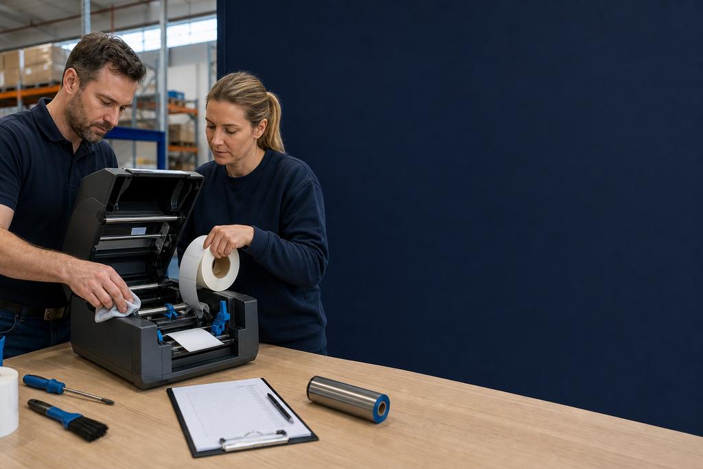 Illustratieve printertechnicus en beheerder die twee thermische labelprinters, labelrollen, linten en proefuitvoer vergelijken