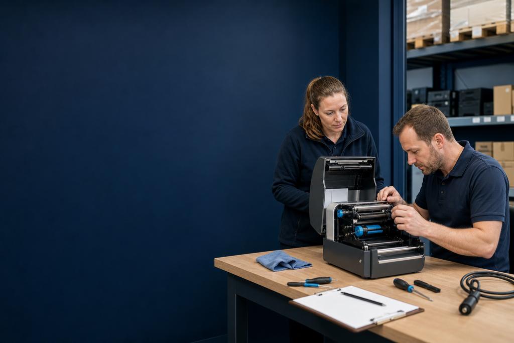 Illustratieve labelprintertechnicus en operationsmedewerker die thermische printer, printkop, aandrukrol, sensor en labelmateriaal inspecteren