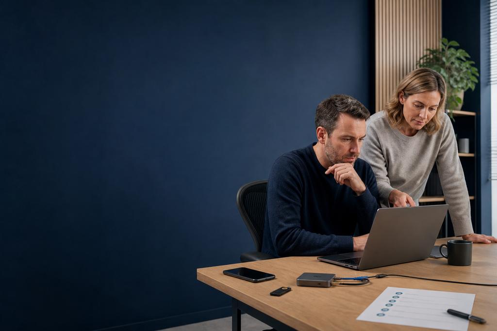 Illustratieve ICT-beheerder en servicemedewerker die zakelijke laptop, netwerkadapter, beveiligingssleutel en buitendienstsoftware testen