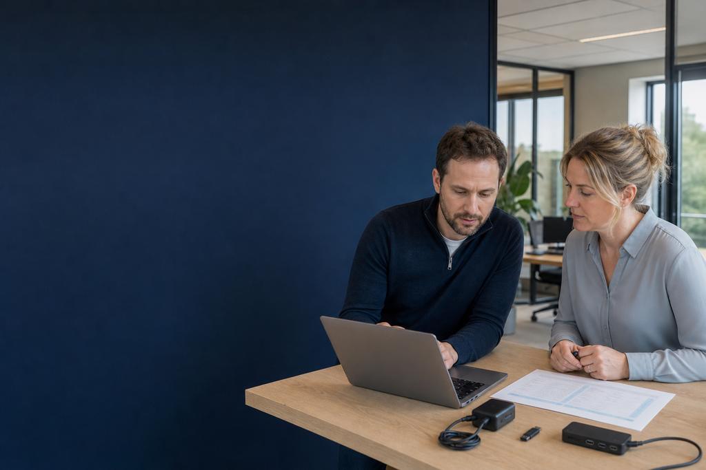 Illustratieve endpointbeheerder en ICT-verantwoordelijke die zakelijke laptop, batterij, dock, lader en beheeroverzicht controleren