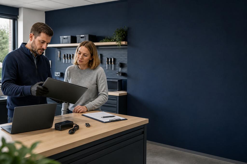 Illustratieve endpointbeheerder en locatiemanager die zakelijke laptop, centraal profiel, WiFi en printerverschillen tussen vestigingen beoordelen