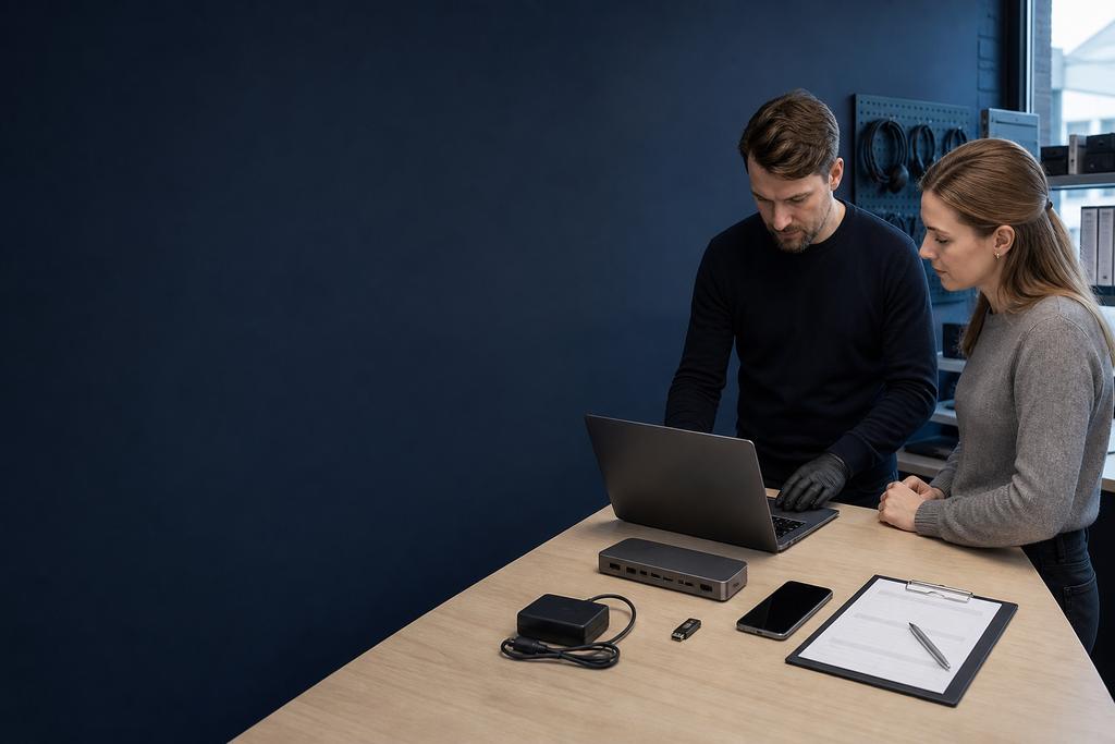 Illustratieve endpointengineer en magazijnmedewerker die herstelde zakelijke laptop, browser, scanner, labelprinter en veilige magazijntaak testen