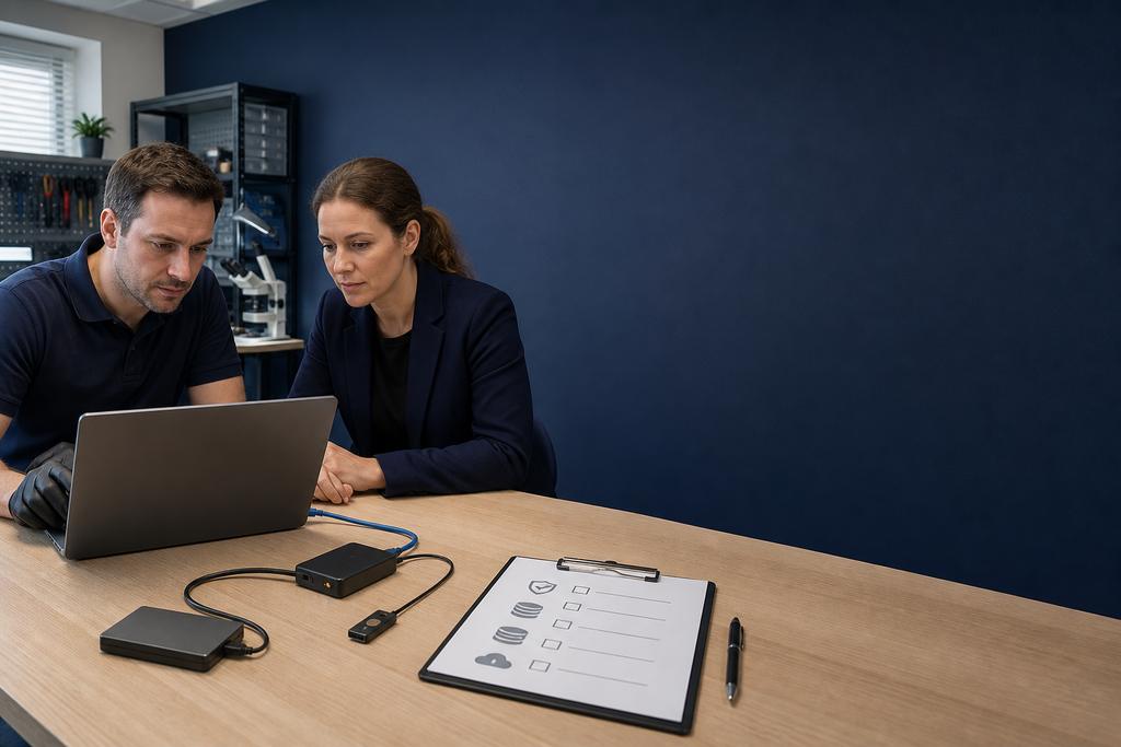 Illustratieve laptoptechnicus en ICT-verantwoordelijke die zakelijke laptop, opslag, batterij en volledige herstelkeuze onderzoeken