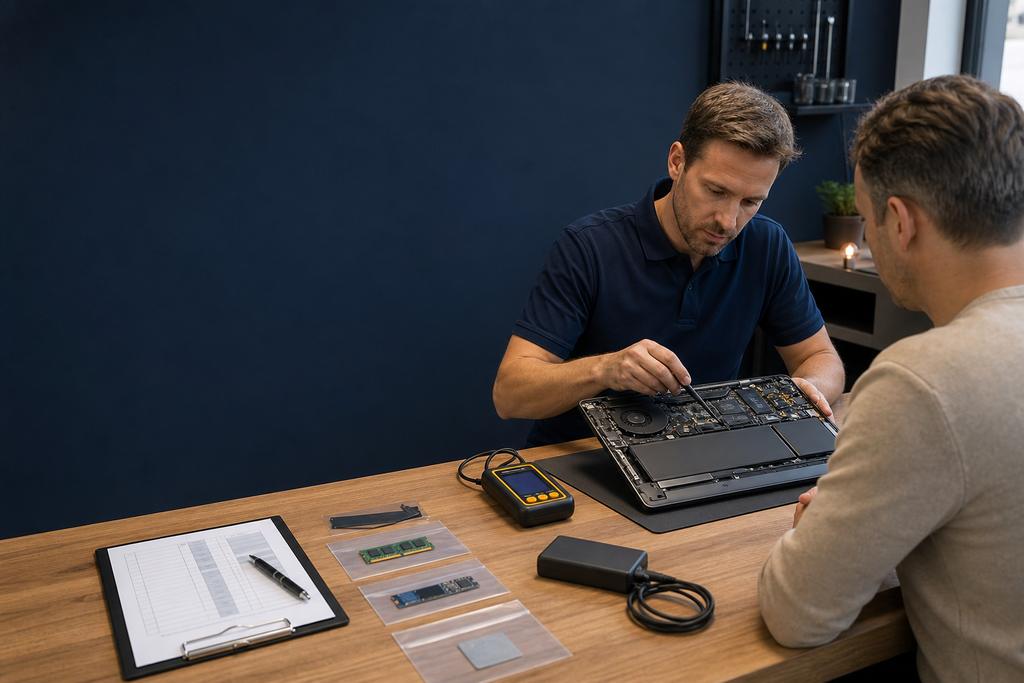 Illustratieve laptoptechnicus en medewerker die herstelde zakelijke laptop, dock, lader, scanner en smartcard als complete werkset testen