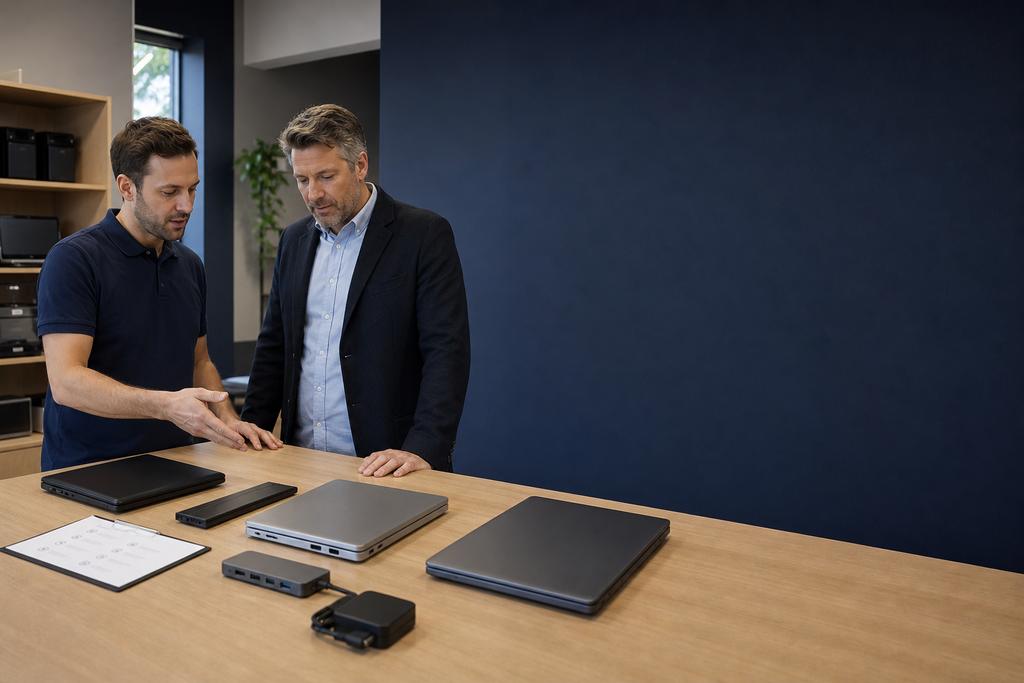 Illustratieve laptoptechnicus en locatiemanager die herstelde zakelijke laptop, centrale basis, WiFi en printerverschillen tussen vestigingen testen