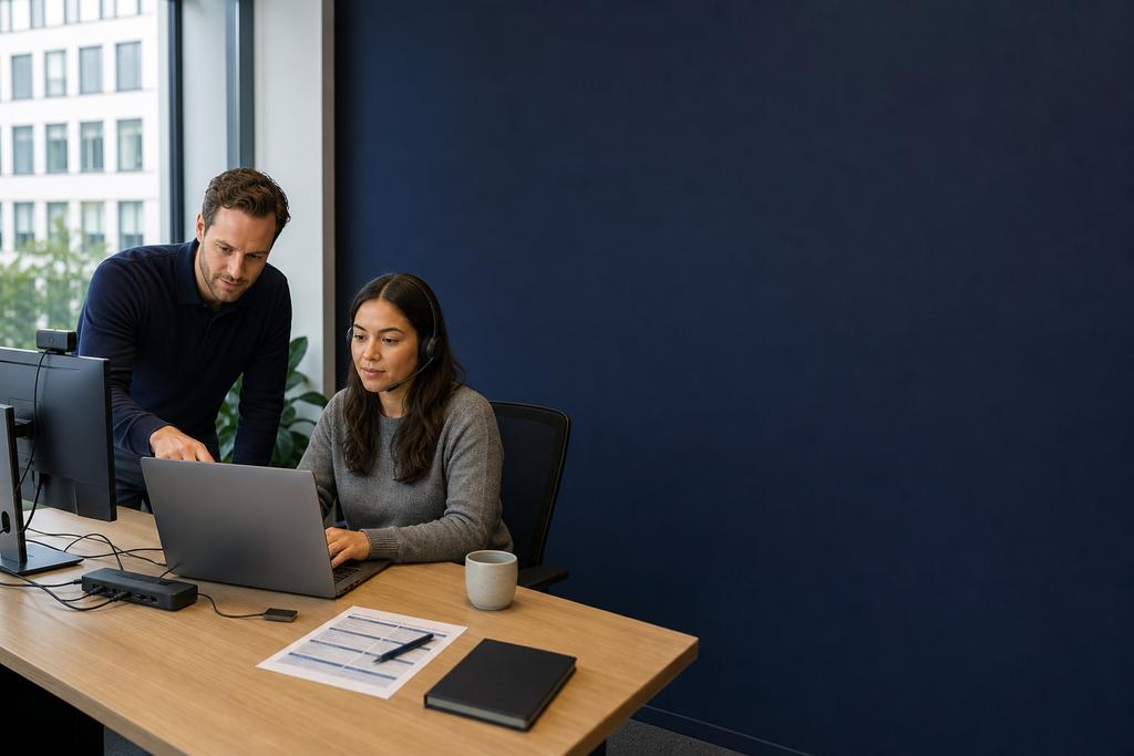 Illustratieve netwerkbeheerder en medewerker die laptop, zakelijke WiFi, VPN en dockverbinding testen