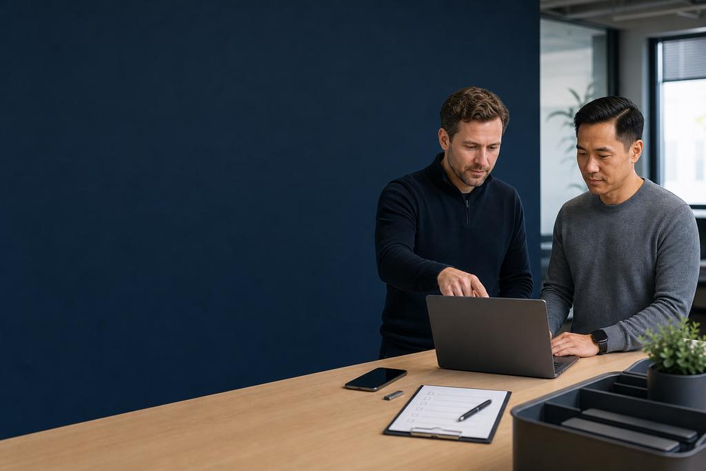 Illustratieve endpointbeheerder en medewerker die laptopstandaard, dockstuurprogramma en proefupdate controleren
