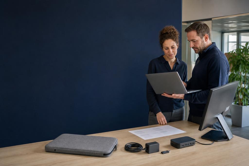Illustratieve ICT-specialist en medewerker die zakelijke laptop, dock, lader en schermen voor installatie controleren
