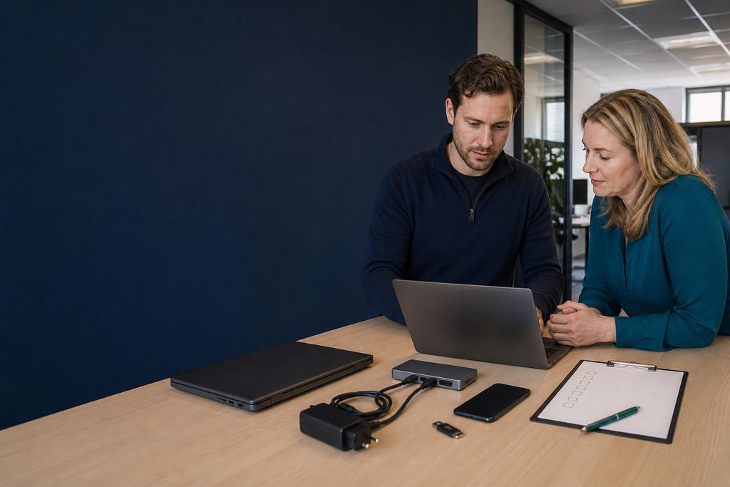 Illustratieve supporttechnicus en locatiemanager die getroffen laptops, referentieapparaat, vestigings-WiFi en tijdelijke route vergelijken