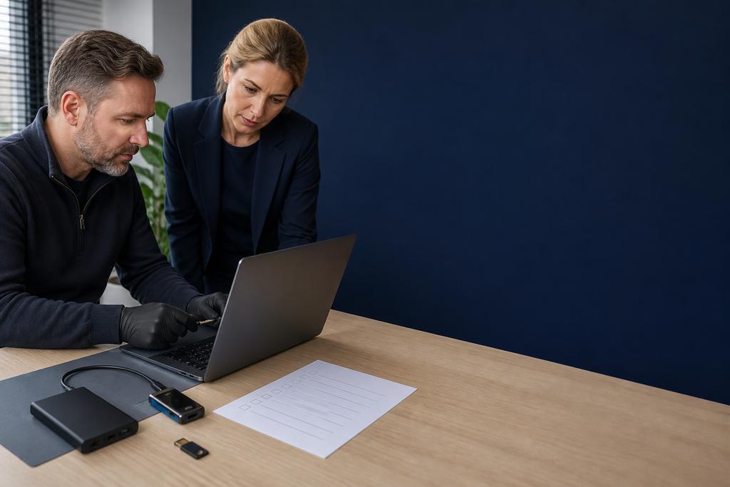 Illustratieve incidentresponder en servicemonteur die uitgevallen zakelijke laptop, adapter, leveranciersclient en veilige reserve-set beoordelen