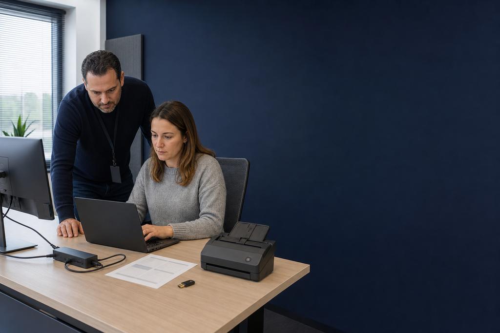 Illustratieve incidentlead en medewerker die zakelijke laptop, docknetwerk, WiFi, VPN en veilige tijdelijke verbindingsroute vergelijken