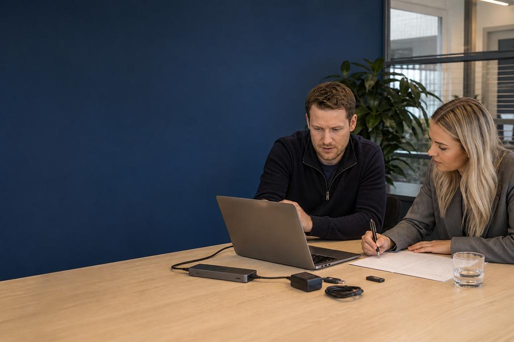 Illustratieve ICT-incidentspecialist en medewerker die acute laptopuitval, zakelijke impact, gegevensrisico en veilige eerste actie beoordelen