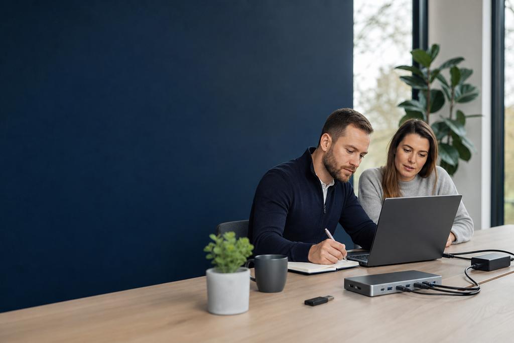 Illustratieve laptopsupportspecialist en medewerker die een zakelijke laptopmelding, WiFi, VPN en dagelijkse werktaak samen reproduceren