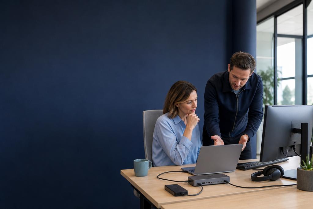 Illustratieve on-site supporttechnicus en servicemedewerker die zakelijke laptop, adapter, VPN en leveranciersclient veilig testen