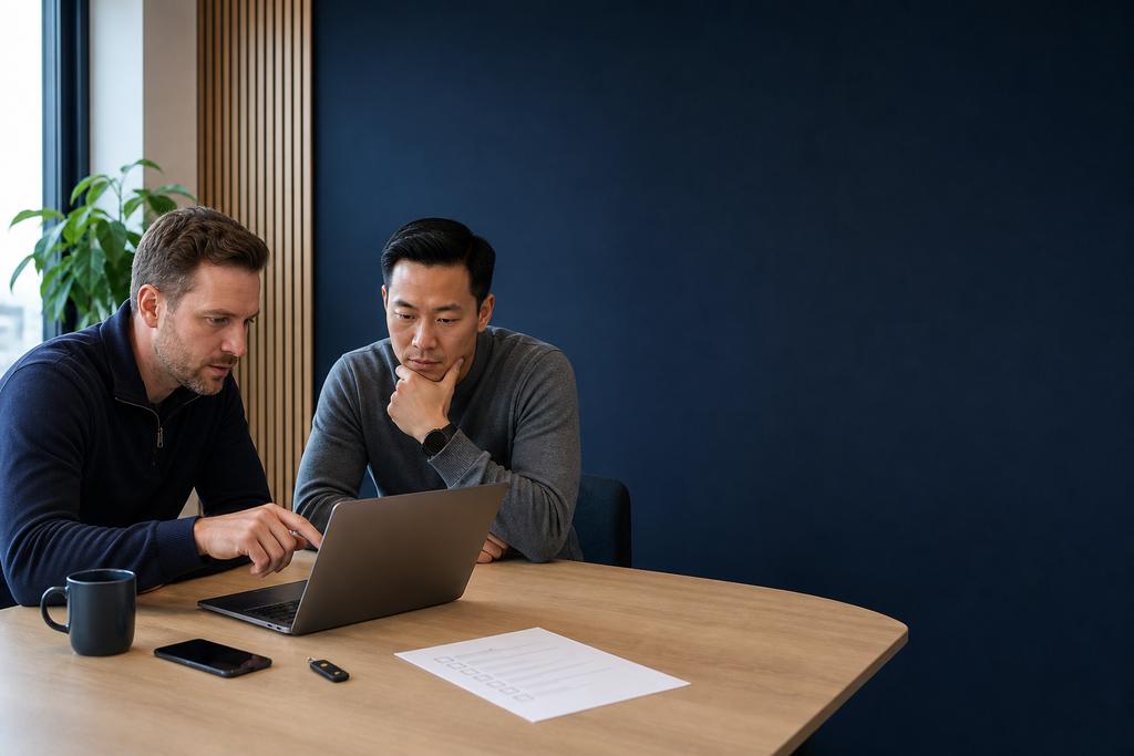 Illustratieve remote-supportspecialist en ICT-contactpersoon die autorisatie, zakelijke laptop, Microsoft 365-account en sessie-einde controleren