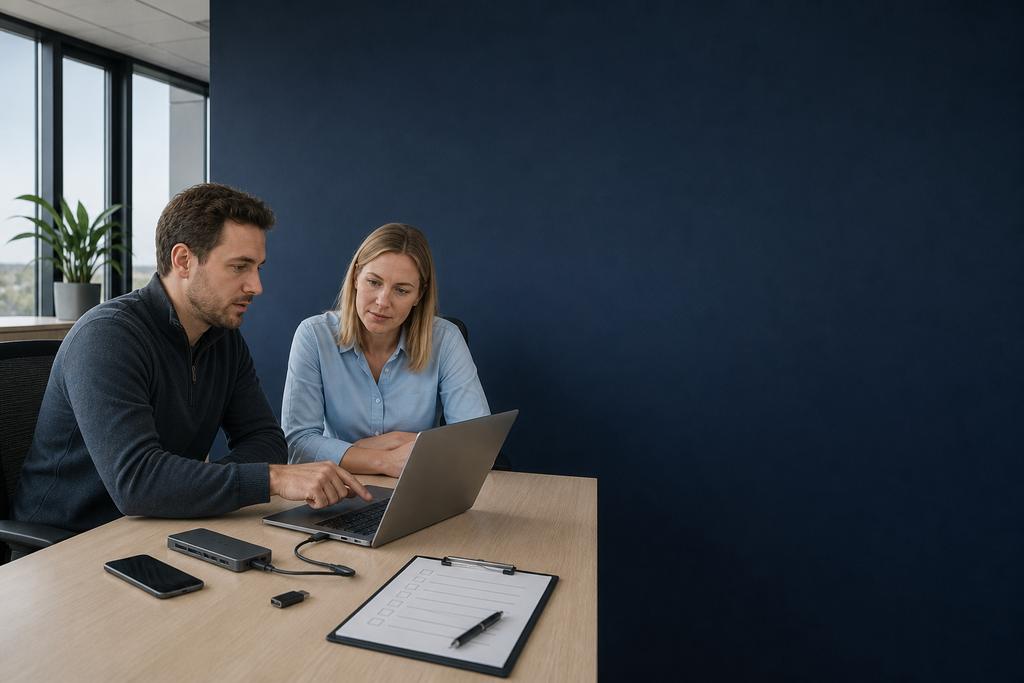 Illustratieve laptopsupportspecialist en magazijnmedewerker die zakelijke laptop, WiFi, scanner en labelprinter hertesten