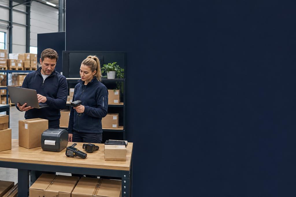 Illustratieve Odoo ERP-specialist en magazijnmedewerker die ontvangst, locatie, pick, pack en verzending met scanner en labelprinter testen