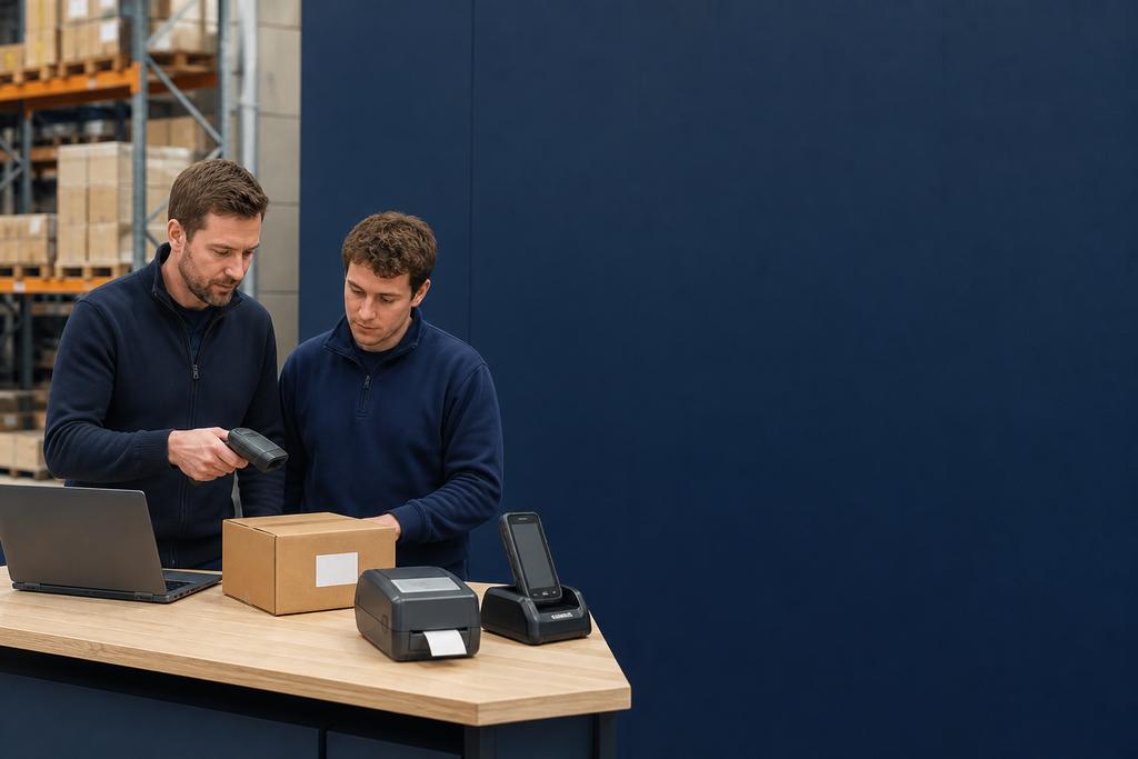 Illustratieve magazijn-ICT-technicus en teamleider die scanner, batterij, cradle, labelprinter en vervangend apparaat beoordelen