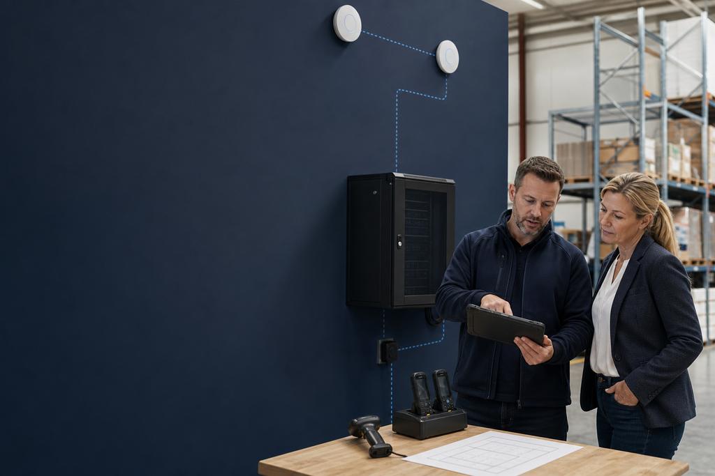 Illustratieve magazijn-ICT-specialist en operationsmanager die scanner, tablet, accesspoints, netwerkzone en laadplek in een magazijn inventariseren