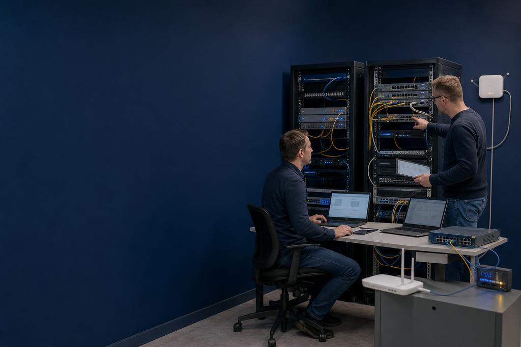 Illustratieve netwerkarchitect en operationsengineer die dubbele switches, internetpaden, voeding, routing, meldingen en een failovertest beoordelen