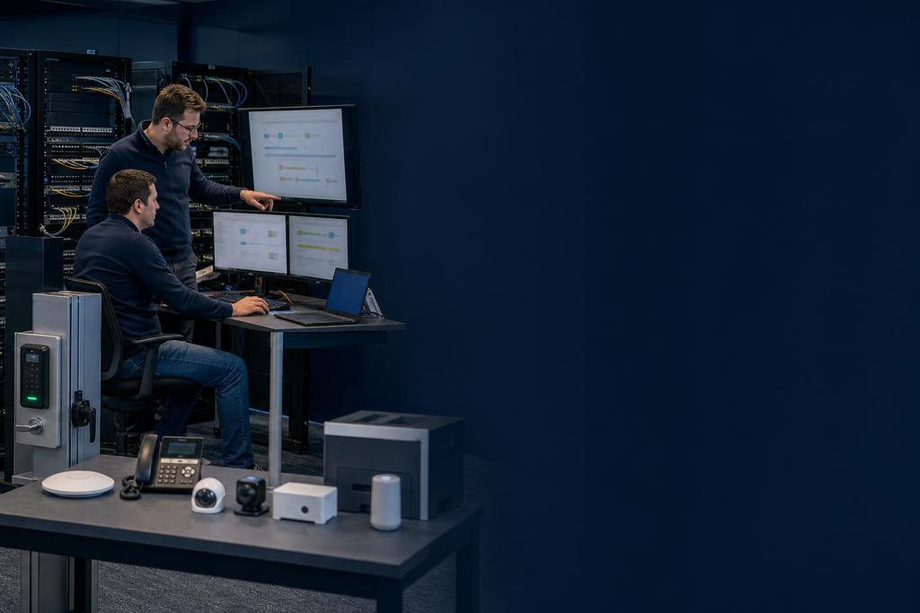 Illustratieve netwerksecurityarchitect en engineer die medewerkers, gasten, printers en apparaten over veilige netwerkzones en firewallroutes verdelen