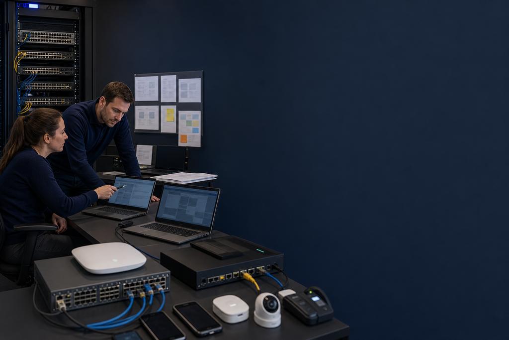 Illustratieve IT-inspectiespecialisten die netwerkzones, verbindingen, toegangsregels en technische bronnen controleren